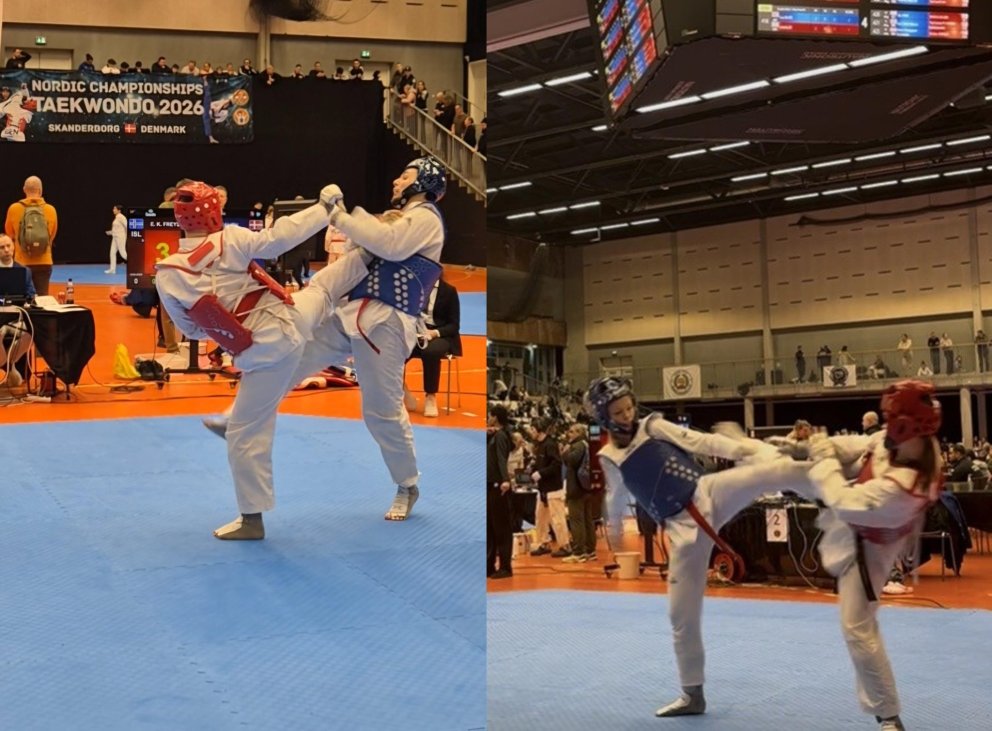 Á myndunum má annars vegar sjá Kára í rauðri brynju ná höfuðsparki á andstæðing sinn og hins vegar O&hellip;