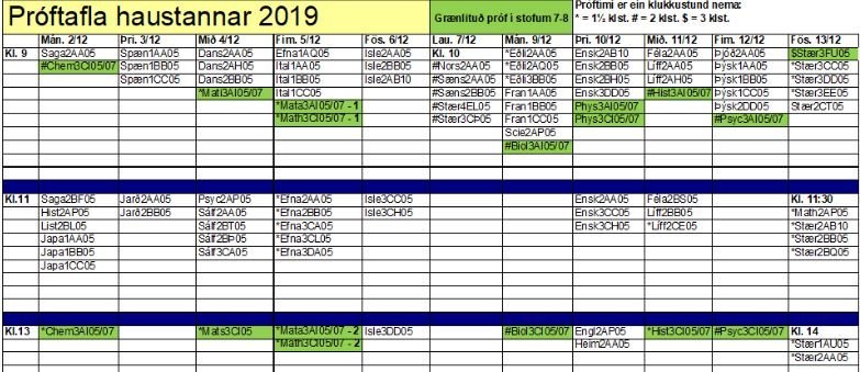 Próftafla nemenda / Examination timetable