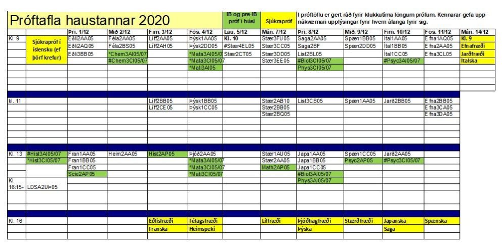 Próftafla nemenda / Examination timetable