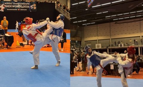 Á myndunum má annars vegar sjá Kára í rauðri brynju ná höfuðsparki á andstæðing sinn og hins vegar O&hellip;