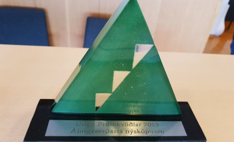 Verðlaunagripurinn fyrir áhugaverðustu nýsköpunina.  Hugmyndin var barnabók þar sem íslenskir málshæ…